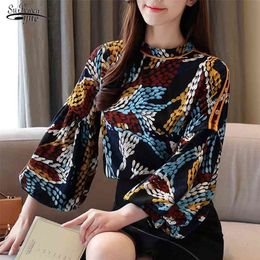 Blusas Korean Stye Women Long Sleeve Print Shirt Vintage O-neck Women Tops and Blouse Elegant Puff Sleeve Clothes 8349 50 210323