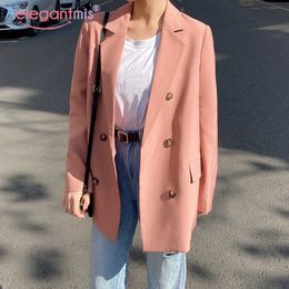 Aelegantmis Loose Casual Pink Blazer Women Korean Oversized Chic Spring Long Sleeves Femme Pockets Formal Outerwear 210607