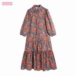 Fashion Women Long Sleeve Lapel Flower Print Vintage Stitching Loose Lantern Sleeves with Buttons Chic Female Midi Dresses 210507