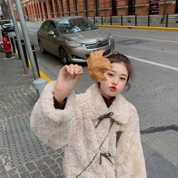 Imitation rabbit plush fur winter thick loose Korean Bowknot Buttons bow short lamb furry jacket female Kawaii High Street 211220