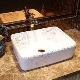 Bathroom ceramic counter top sink wash basin art basin lavabo jingdezhen ceramic wash hand basin rectangular peony