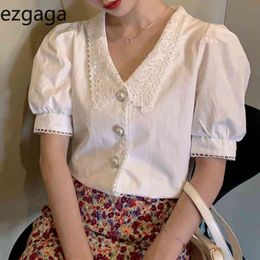 Ezgaga Korean Blouse Women Short Puff Sleeve Peter Pan Collar Patchwork Spring Summer Chic Sweet Girl Shirts Fashion Crop Tops 210430