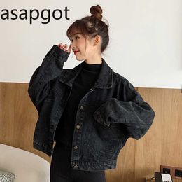 Coats & Jackets Korean Vintage Loose Black Denim Coat Short Batwing Sleeve Jeans Jacket Full Casual Streetwear Spring Autumn 210610