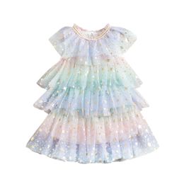 Girls Rainbow Cake Layers Dresses For Kids Sequin Star Elegant Party Wedding Birthday Tutu Princess Vestidos Children Clothing Q0716