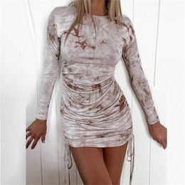 Sexy Tie Dye Print Long Sleeve Ruched Drawstring Lace Up Women Dress Autumn Elastic Bodycon Mini es Ladies Club Party 210522