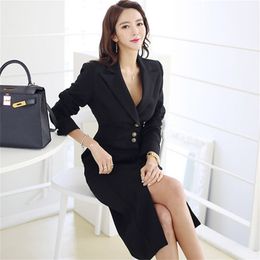 Spring Wear To Work Korean Notched Neck Suits Dress Women Solid Black Split Dresses Business Single-breasted Vestidos 210603