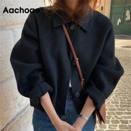 Aachoae Autumn Winter Women Elegant Solid Color Wool Coats Chic Turn Down Collar Long Sleeve Coat Female Chic Outerwear 211222