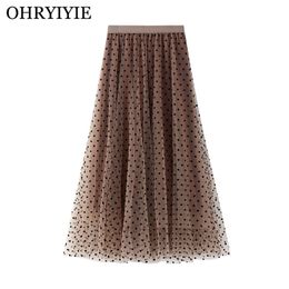 OHRYIYIE Polka Dot Spring Summer Tulle Skirts Women Casual Elastic High Waist A-line Skirt Female Party Beach Midi Skit 210708