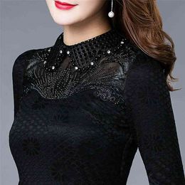 Women Spring Autumn Style Lace Blouses Shirts Lady Casual Long Sleeve Stand Collar Lace Blusas Tops DD8044 210323