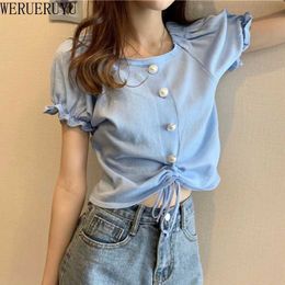 WERUERUYU Blouses Women O-neck Long Puff Sleeve Tops Elegant Sexy Pleated Streetwear Womens Retro Stylish Retro Slim Shirts 210608