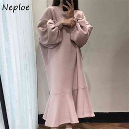 O-Neck Lantern Long Sleeve Pullover Warm Dress Women High Waist Hip Temperament Mermaid Vestidos Loose Robe Winter 210422