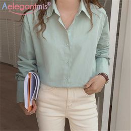 Aelegantmis Vintage Soft Solid Shirt Blouses Women Casual Korean Spring Long Sleeve Female Blouse Button Simple Business 210607