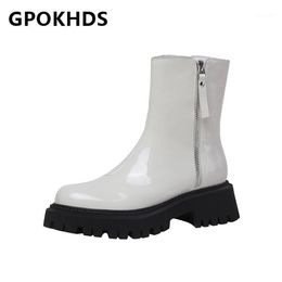 Boots GPOKHDS 2021 Women Ankle Cow Leather Winter Short Plush Round Toe Zipper Platform Med Heels Female Riding Size 39