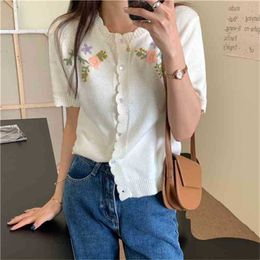 Summer Retro Knit Vintage Floral Embroidery Blouses Cardigans Office Lady Sweet Girls Shirts Tops 210525