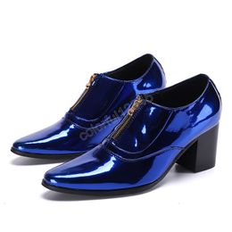 Luxury Blue Men Patent Leather Shoes Pointed Toe Man High Heel Shoes Club Party Dress Shoes Dancer Short Boots