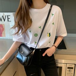 Korea White T shirt Women Clothes Summer Short Sleeve Embroidery Casual TShirt Female Tops Cotton Tee Shirt Femme 210604