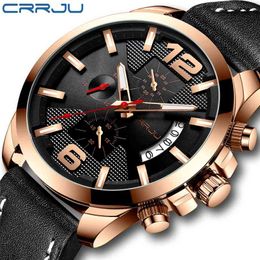 CRRJU Men Watch Classic Business Chronograph Genuine Leather Strap Wristwatch Fashion Waterproof Sport Black Calendar Clock 210517