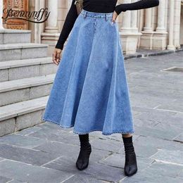 Zipper Back Denim Skirt Women Autumn winter Elegant High Waist Flare s Street Ladies Big Swing Long 210510