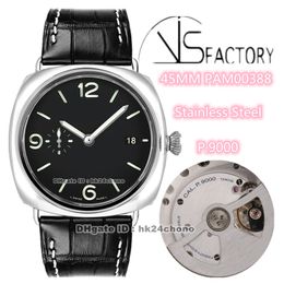 Top Version Watches VS 45mm Black Seal Stainless Steel VS388 00388 P.9000 Automatic Mens Watch Black Dial Leather Strap Gents Wristwatches