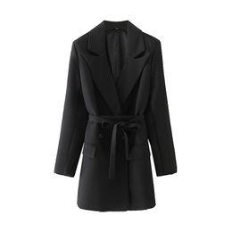 Solid black elegant long blazer for office lady Fahsion belt chic woemn Pockets double breasted female 210430