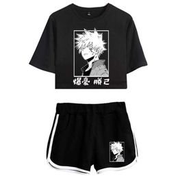 Anime My Hero Academia Bakugou Katsuki Himiko Toga Print Crop Top T-shirt Shorts Two Piece Sets Cosplay Costume Y0903