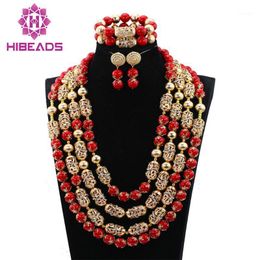 Earrings & Necklace Luxurious Gold Base Add Red Coral Beads Jewellery Sets African Wedding Bridal/Women Set CJ869