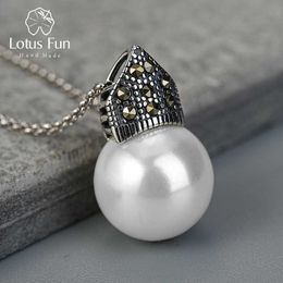 handmade sterling silver jewelry UK - Lotus Fun Natural Mother of Pearl Pendant Necklace Real 925 Sterling Silver Handmade Designer Fine Jewelry Acessorios for Women 210621