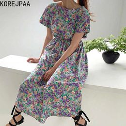 Korejpaa Women Dress Summer Korean Chic Western Style Soft Floral Round Neck Button Open Back Pleated Short-Sleeved Vestido 210526