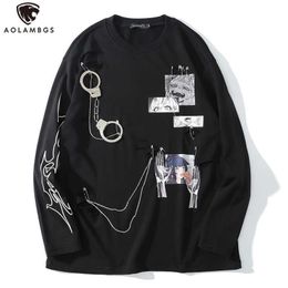 Aolamegs Comics Anime Manga Illustration Hook And Loop Fastener Chain Design Thin Sweatshirt Streetwear Men High Street Pullover 210707