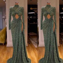 Dubai African Sparkly 2021 Sequined Mermaid Evening Dresses Green High Neck Long Sleeves Arabic Split Floor Length Plus Size Prom Dress