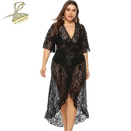 Sexy Transparent Cardigan Beach Long Skirt Women's Ruffled Lace Short Sleeve Bikini Cover Up Dress LCP23 Sarongs