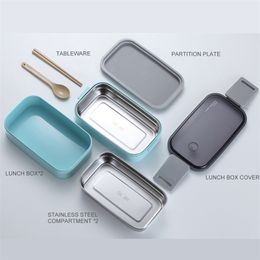 Lunch Box Double Layers With Cutlery Leakproof Compartment Food Container Kids Bento School 304 Stainless Steel 210423