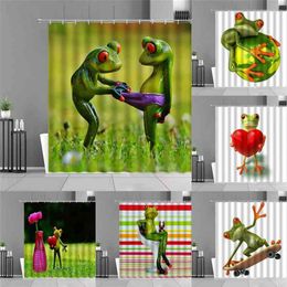 Cartoon Frog Shower Curtains Creative Couple Frogs Animal Bath Curtain Children Room Bathroom Decor Gift Waterproof Cloth Screen 210915