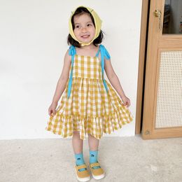 Summer Cute Baby Girls Grid Braces Sleeveless Dresses Kids Girl Princess Clothing Casual Fashion 210521