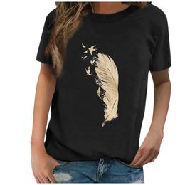 Golden Feather Print Harajuku Funny T-Shirt Women Round Neck Loose Summer Femme T-shirt for 2021 Woman Clothes Ropa Mujer X0628