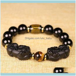 Beaded Strands Bracelets Jewelrynatural Black Obsidian Bracelet Tiger Eye Stone Double Pixiu 10 12 14 16 Mm Lucky Brave Troops Women Men Je