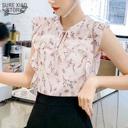 Ruffled Pullover Shirts Top Feminine Vintage Summer Printed Chiffon Blouse Pink Sleeveless Korean Female 10028 210508