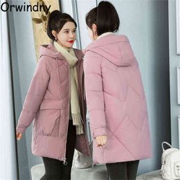 Winter Coat Women Hooded Long Jackets Students Fashion Warm Parkas Snow Wear S-3XL Oversized Loose Clothing Orwindny 211130