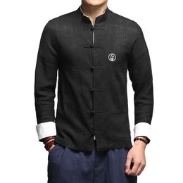 Plus Size 5XL Oversized Long Sleeve Shirt for Men Black Chinese Elements Embroidery Printing Cotton Linen Retro Tops 210601