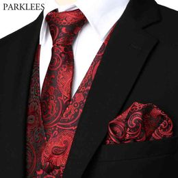 wine waistcoat UK - Wine Red Floral Jacquard Waistcoat Men 3pcs Vest Necktie Handkerchief Set Brand Paisley Dress Vest for Wedding Party 210522