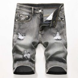 Men's Denim Shorts Torn Summer Breeches Hole Distressed Bermuda Male Stretch Knee Length Vintage Short Jeans Men 210714