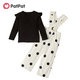 Arrival Spring and Summer Trendy Solid Longsleeves Ruffled Tee Polka Dots Set Children's Clothing 210528