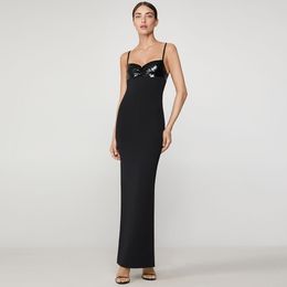 Summer Women Black Sequins Spaghetti Strap Rayon Bandage Club Dress Sexy Sleeveless Celebrity Evening Maxi 210423