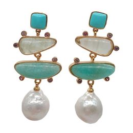 YYGEM Natural geometric Turquoise ite Prehnite White Pearl Stud Earrings gold Filled office style for women269d