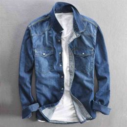 Spring Autumn Denim Long Sleeve Shirt Men's Washed Retro Slim Fit Jean Tops 100% Cotton High Quality Casual Street Cowboy Shirts 210721