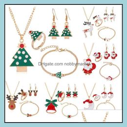 Bracelet, Earrings & Necklace Jewellery Sets Christmas Santa Claus Xmas Tree Bells Elk Bracelet Ring 4Pcs/Set Kids Women Girls Gift Drop Deliv