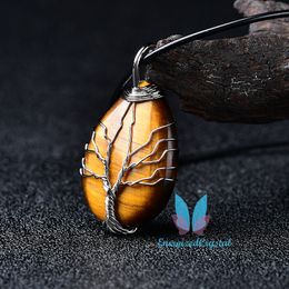 Tree of Life Gemstone Teardrop Pendant Necklace Healing Crystal Chakra Jewellery