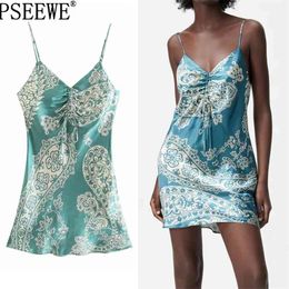 Summer Dress Woman Blue Print Slip Short Dresses Women Vintage Green Ruched Backless Mini Sexy Party 210519