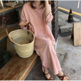 LANMREM new korea styles turn-down collar striped single breasted loose long polyester shirt dress female vestido WL30717 201025