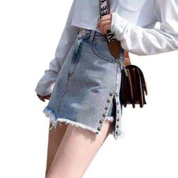 Summer Denim Skirt Women Rivet Decor Split A-line s Casual High Waist Slim Pocket Causal Sexy Fake Two Piece Mini 210526
